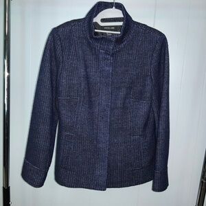 Focus 2000 navy wool blend jacket Sz 6 lined stand collar covered snap closure